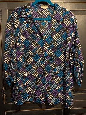 Notations Black Blouse with Blue, Purple & White Dot Plaid